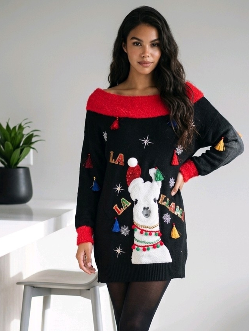 Holiday Time "La La Llama" Ugly Christmas Sweater Black Tunic Sweater Or Dress L
